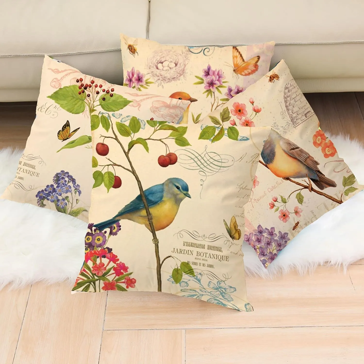 Spring Outdoor Bird Flower Decorative Throw Pillow Covers Both Sides Hummingbird Print Design Linen 16x16 Set of 4 with Zipper for Patio Home Couch Sofa Bedroom Decor