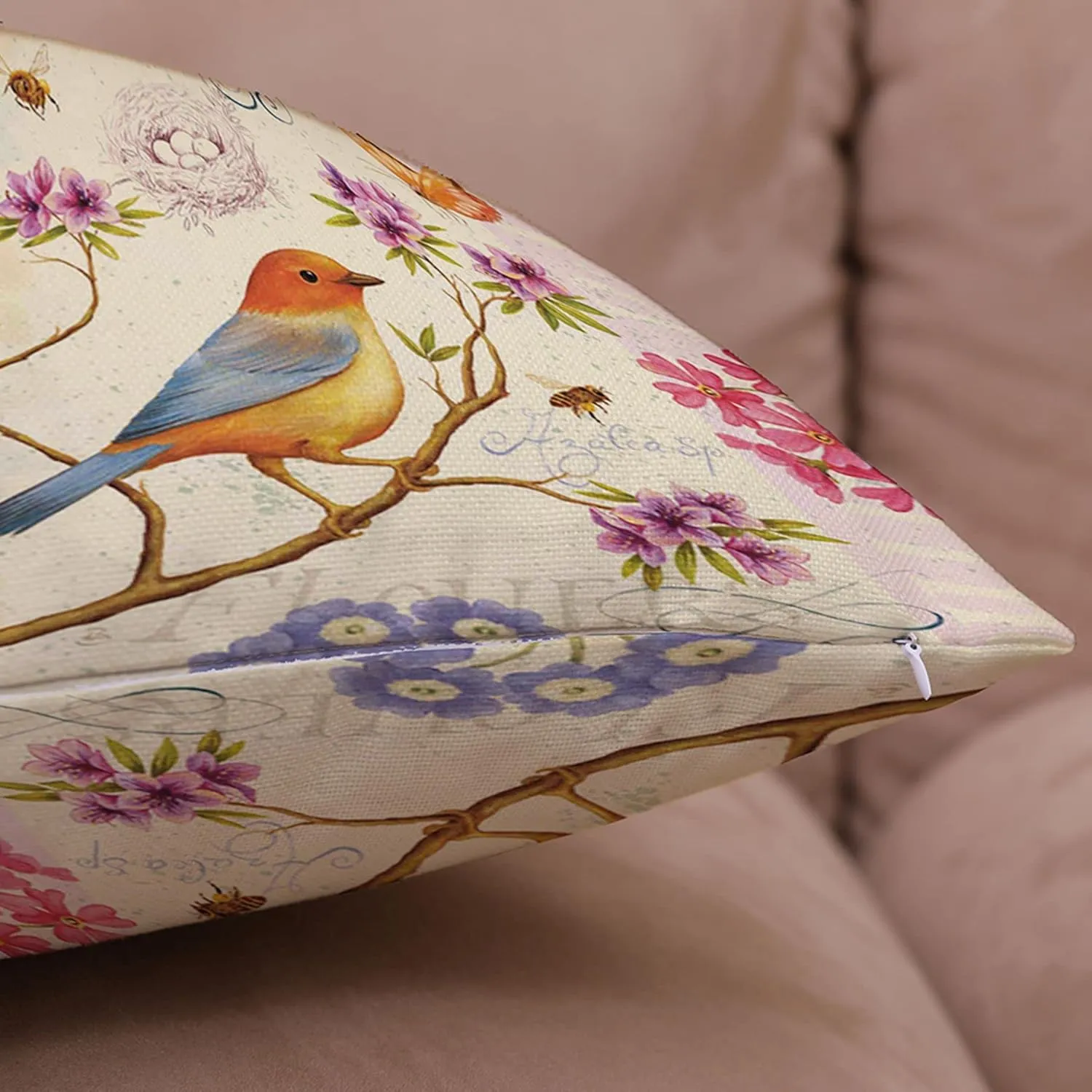 Spring Outdoor Bird Flower Decorative Throw Pillow Covers Both Sides Hummingbird Print Design Linen 16x16 Set of 4 with Zipper for Patio Home Couch Sofa Bedroom Decor
