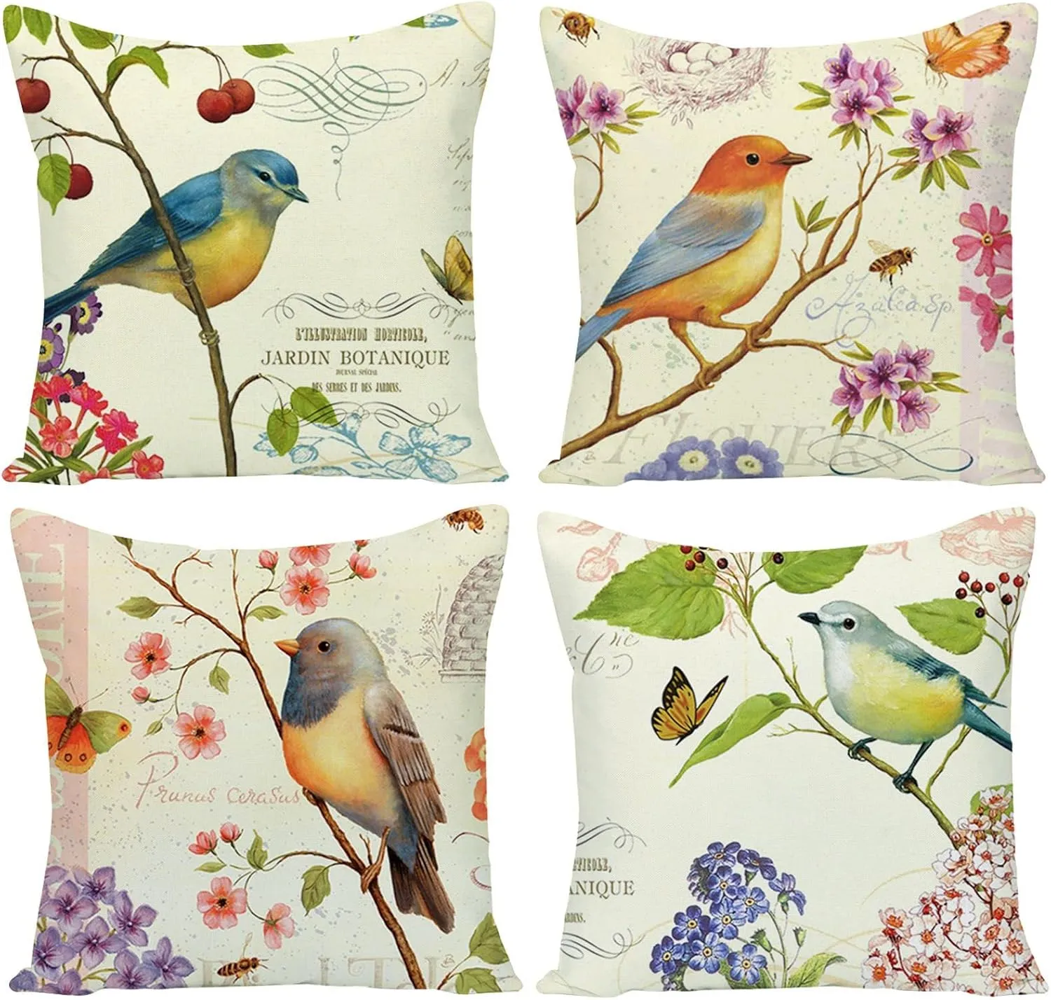 Spring Outdoor Bird Flower Decorative Throw Pillow Covers Both Sides Hummingbird Print Design Linen 16x16 Set of 4 with Zipper for Patio Home Couch Sofa Bedroom Decor