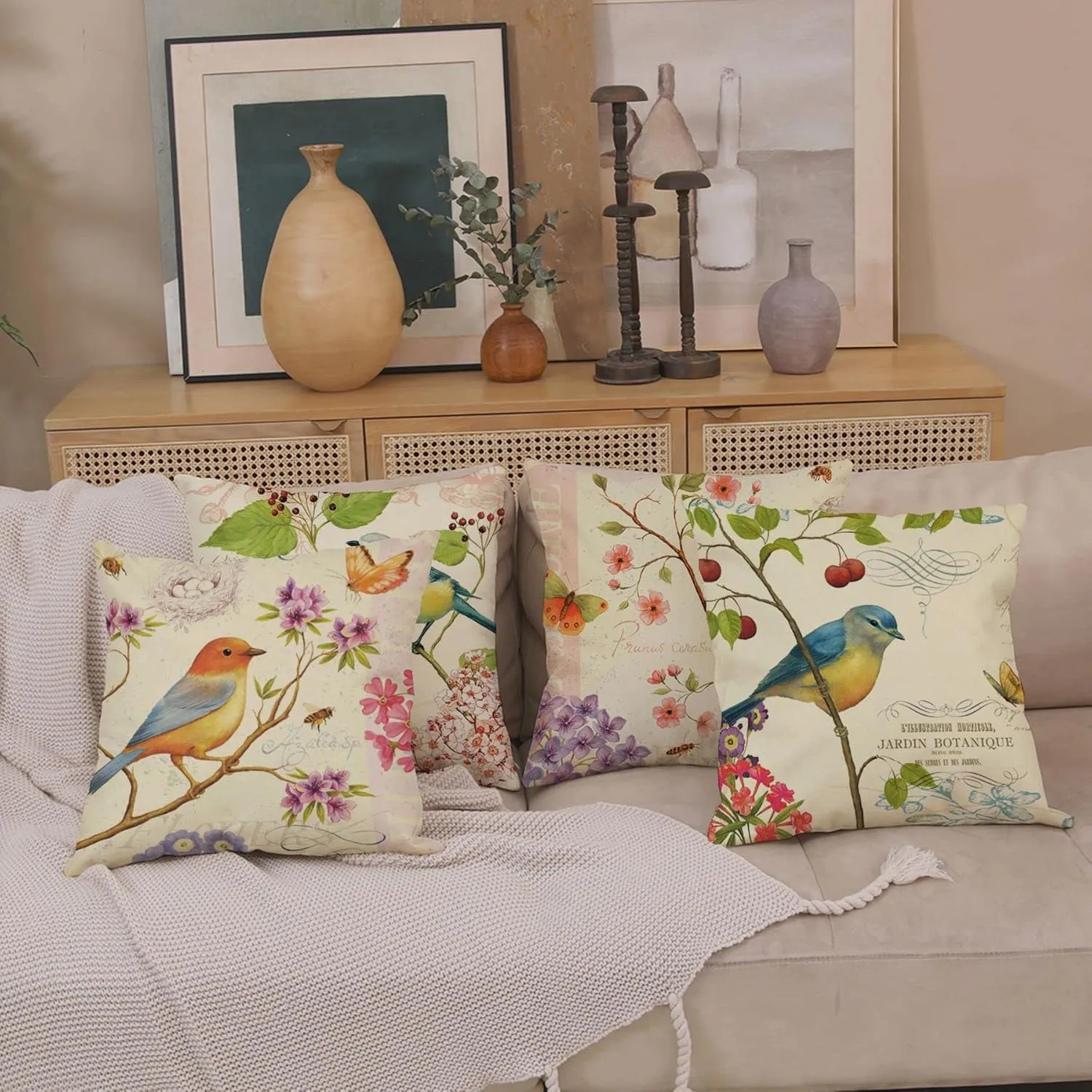 Spring Outdoor Bird Flower Decorative Throw Pillow Covers Both Sides Hummingbird Print Design Linen 16x16 Set of 4 with Zipper for Patio Home Couch Sofa Bedroom Decor