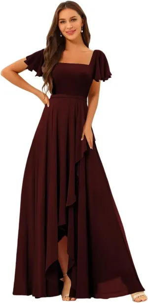 Square Neck Bridesmaid Dresses for Women Short Sleeves Pleated Chiffon Long Formal Evening Dress KY027