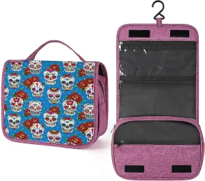 Sugar Skull Print,Toiletry Bag Hanging Travel Makeup Organizer,Mexican Cultural Rose Skeletons,Cosmetic Makeup Bag for Full Sized Toiletries,Blue Red