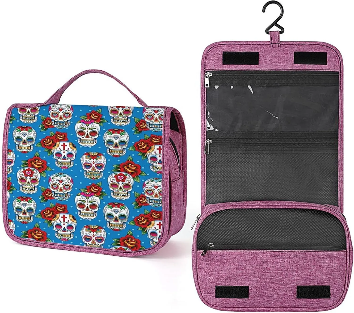 Sugar Skull Print,Toiletry Bag Hanging Travel Makeup Organizer,Mexican Cultural Rose Skeletons,Cosmetic Makeup Bag for Full Sized Toiletries,Blue Red