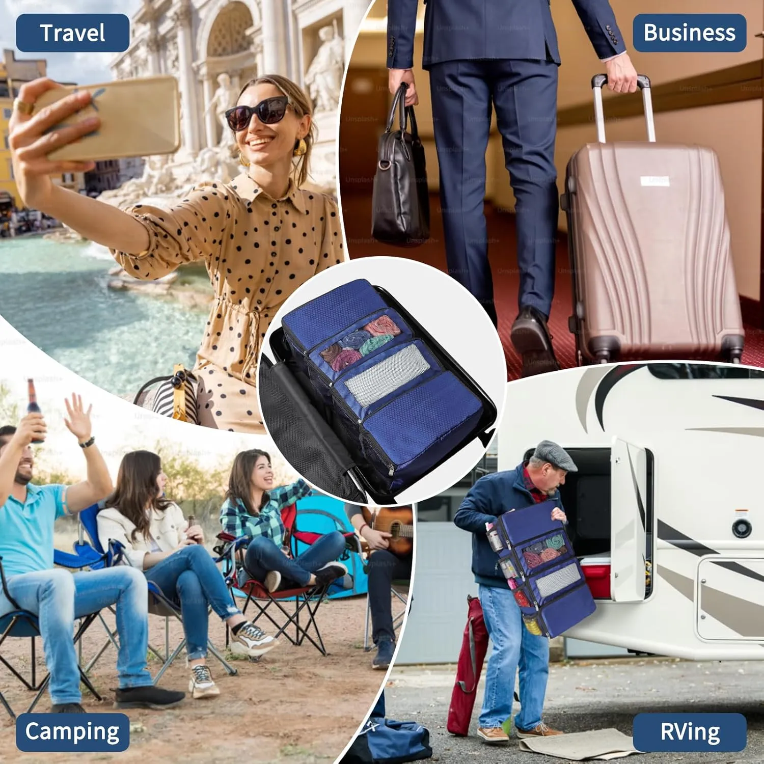 Suitcase Organizer, Hanging Packing Cubes & Portable Hanging Shelves - Collapsible Travel Organizer for Carry-on (Navy Blue, Small)