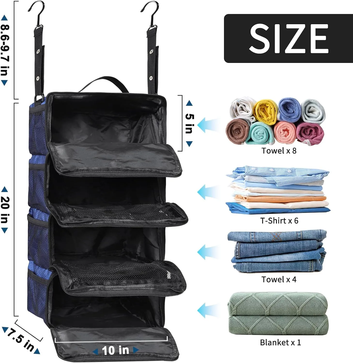 Suitcase Organizer, Hanging Packing Cubes & Portable Hanging Shelves - Collapsible Travel Organizer for Carry-on (Navy Blue, Small)