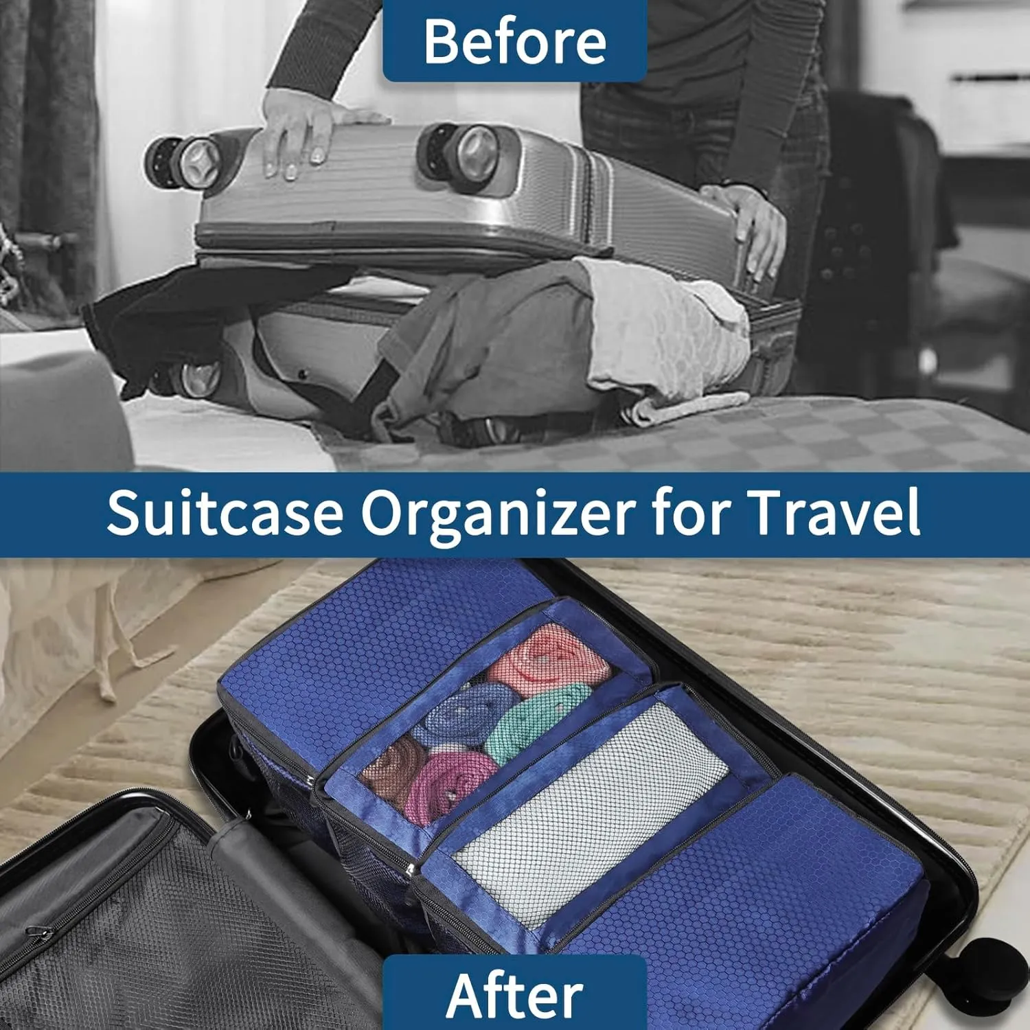 Suitcase Organizer, Hanging Packing Cubes & Portable Hanging Shelves - Collapsible Travel Organizer for Carry-on (Navy Blue, Small)
