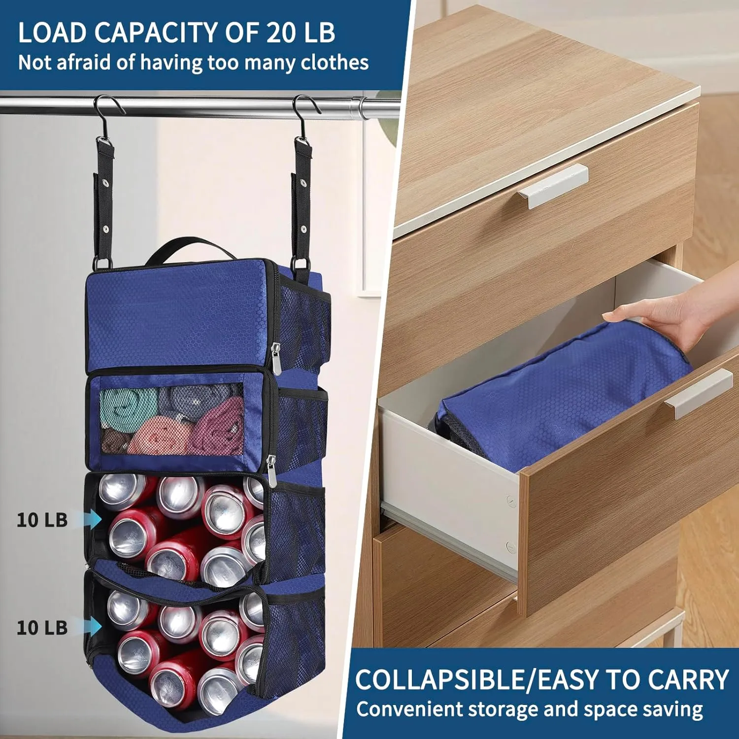 Suitcase Organizer, Hanging Packing Cubes & Portable Hanging Shelves - Collapsible Travel Organizer for Carry-on (Navy Blue, Small)