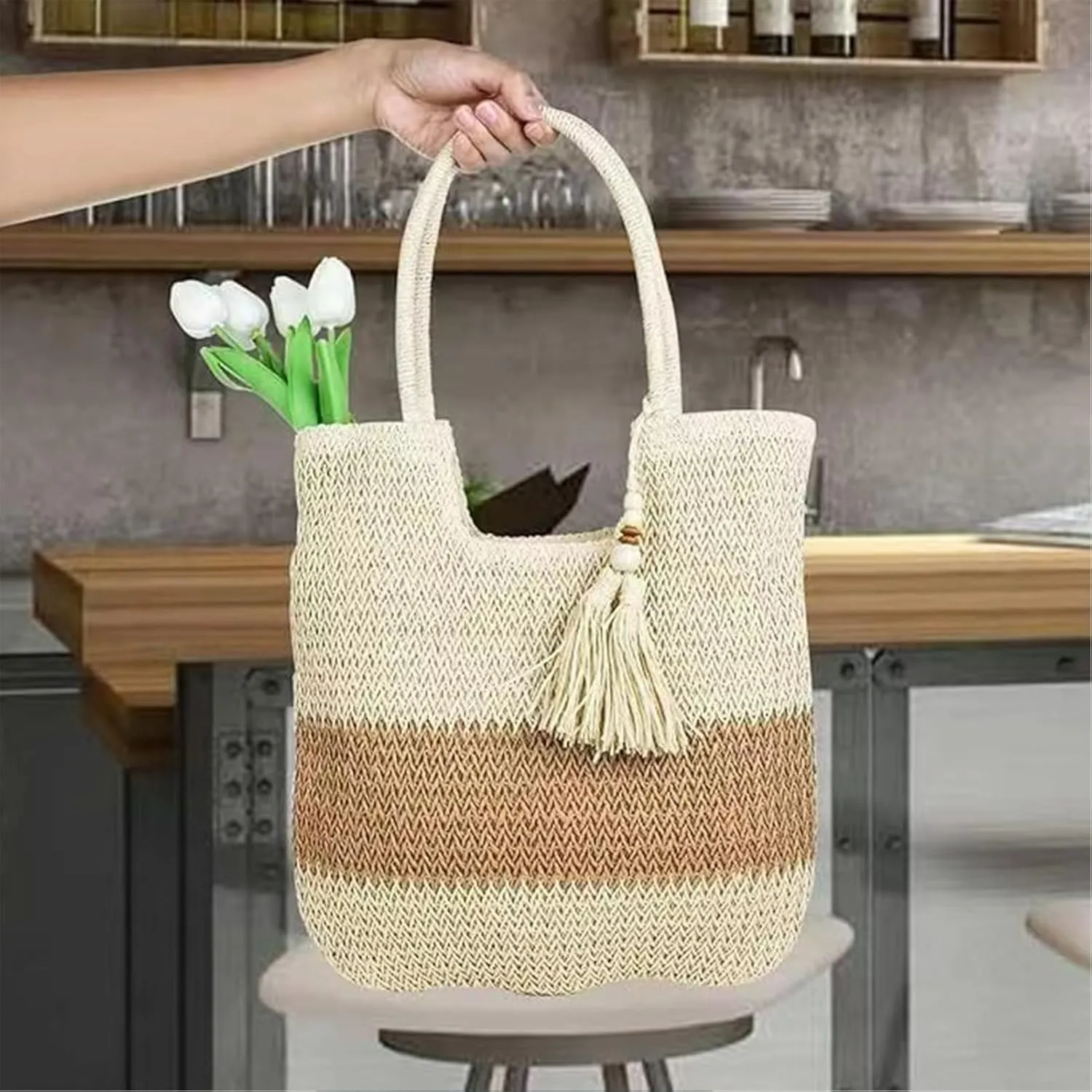 Summer Beige Cotton Knitted Shoulder Bag bags for 2025, Bohemian Hobo Crochet Beach bag Casual Designer Purse for Women