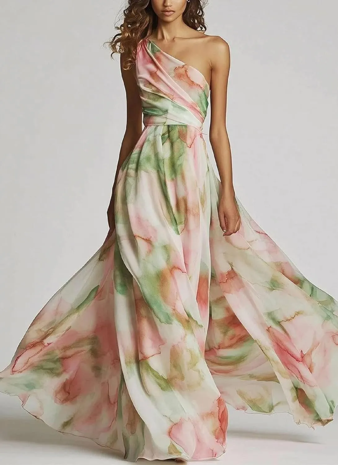 Summer Dresses for Women One Shoulder Sleeveless Abstract Print Maxi Dress A Line Ruched Detail Flowy Party Dress