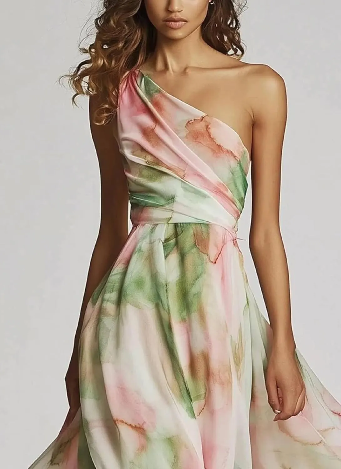 Summer Dresses for Women One Shoulder Sleeveless Abstract Print Maxi Dress A Line Ruched Detail Flowy Party Dress
