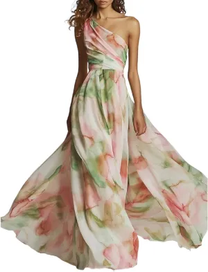 Summer Dresses for Women One Shoulder Sleeveless Abstract Print Maxi Dress A Line Ruched Detail Flowy Party Dress