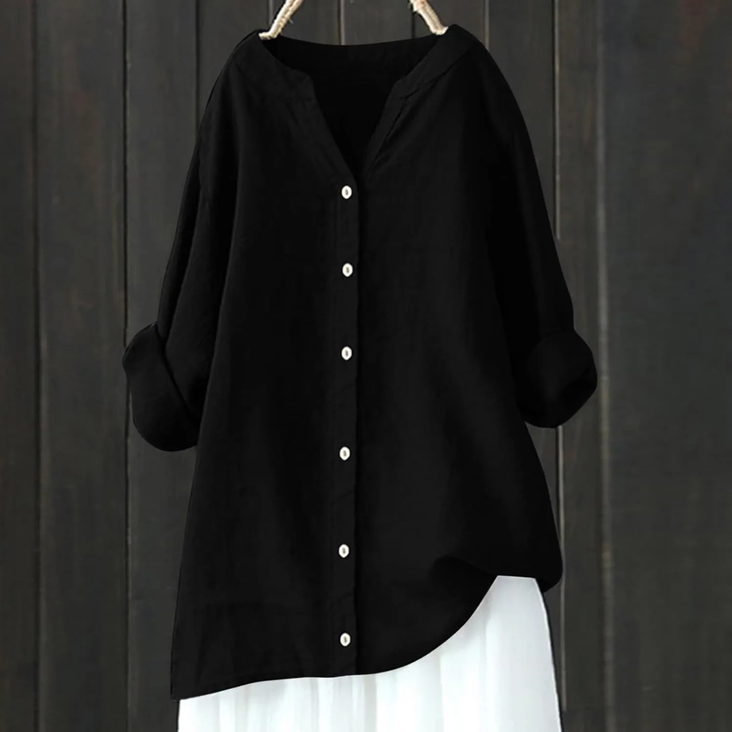 Summer Linen Tops for Women 2024 Vacation Trendy V Neck Long Sleeve Shirts Casual Button Up Tunic Clothes