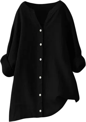 Summer Linen Tops for Women 2024 Vacation Trendy V Neck Long Sleeve Shirts Casual Button Up Tunic Clothes