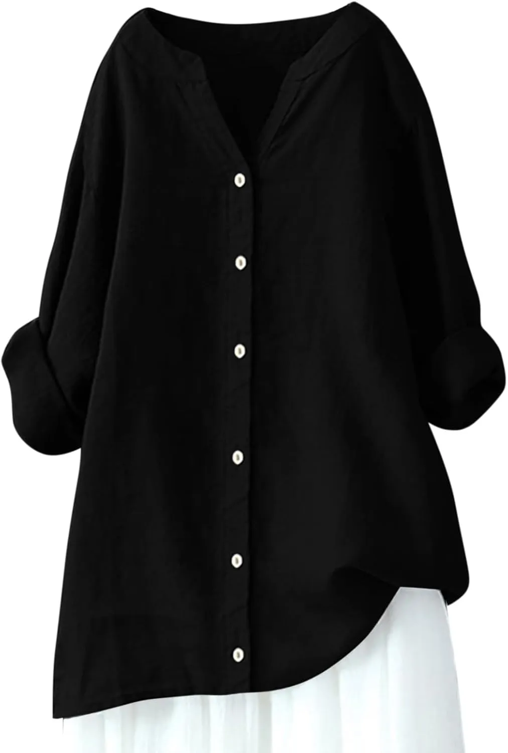Summer Linen Tops for Women 2024 Vacation Trendy V Neck Long Sleeve Shirts Casual Button Up Tunic Clothes