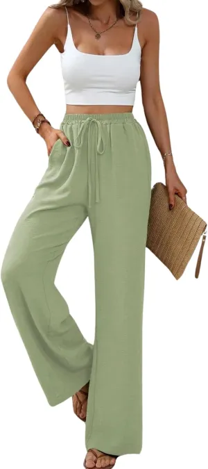 Summer Women's Casual Palazzo Pants Elastic High Waisted Trendy Flowy Wide Leg Beach Trousers with Pockets