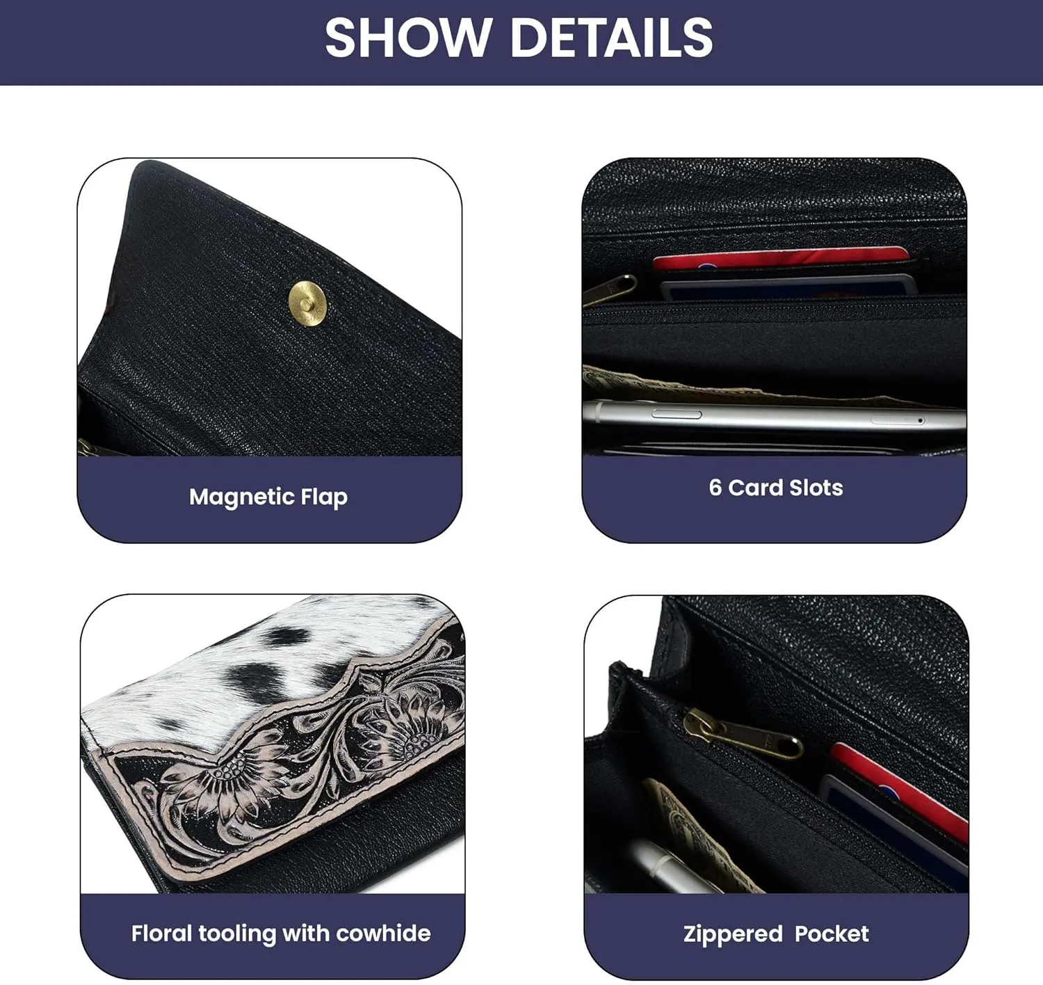 Sundown Stash Tooled Leather Cowhide Hair On Trifold Wallet for Women RFID Blocking Wallet