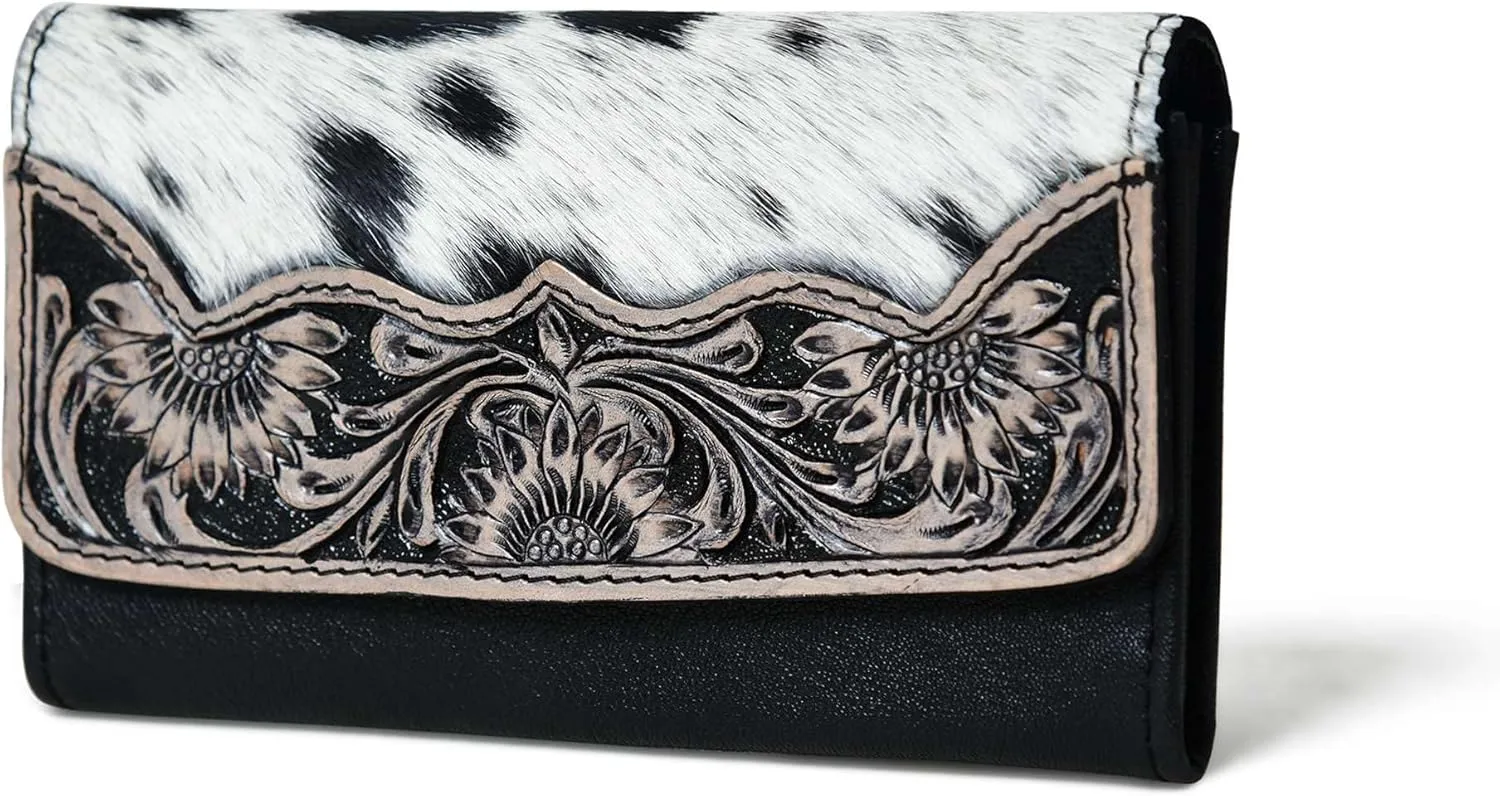 Sundown Stash Tooled Leather Cowhide Hair On Trifold Wallet for Women RFID Blocking Wallet
