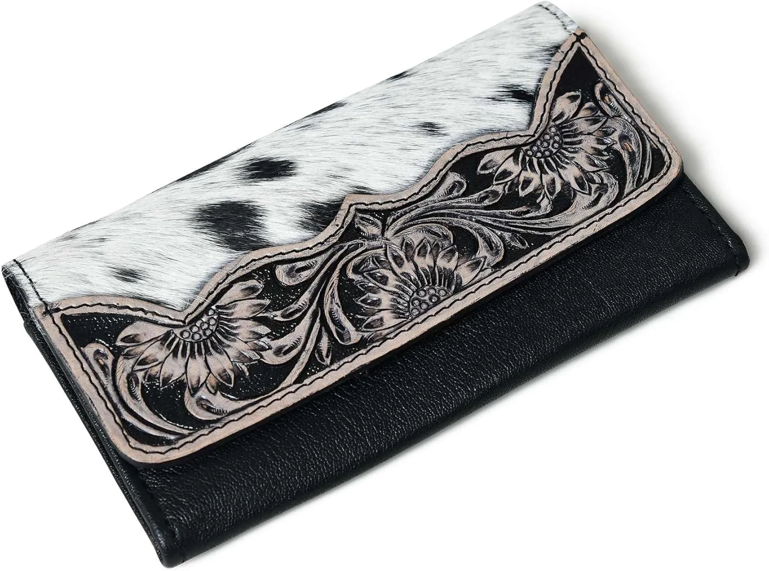 Sundown Stash Tooled Leather Cowhide Hair On Trifold Wallet for Women RFID Blocking Wallet