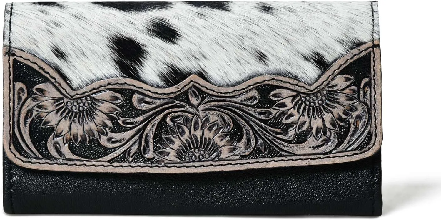 Sundown Stash Tooled Leather Cowhide Hair On Trifold Wallet for Women RFID Blocking Wallet