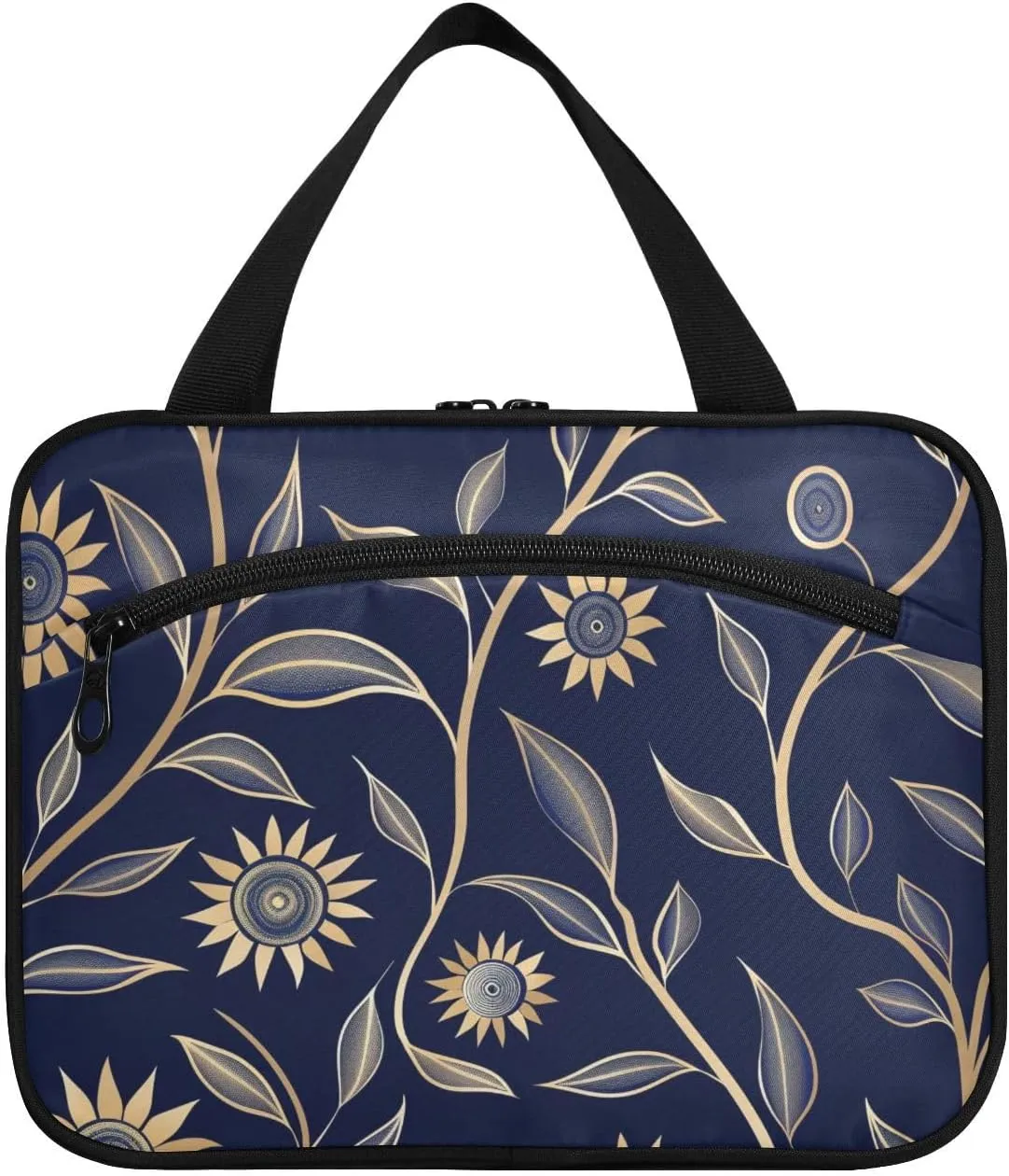 Sunflower Dark Blue hanging large capacity travel cosmetic bag with hook, designer washable hanging toiletry bags for women must haves toilet kit de para mujer L