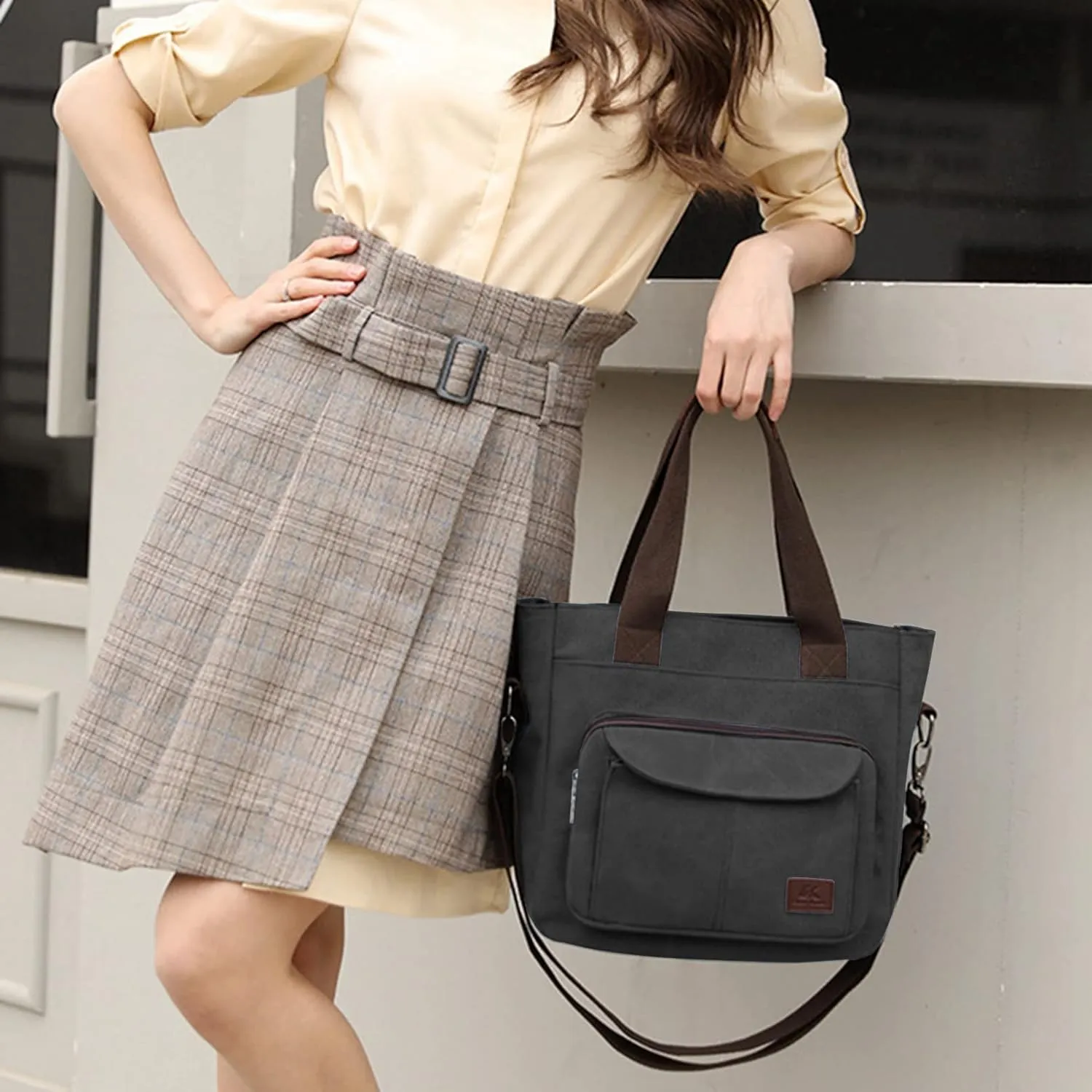 Sunshinejing Women's Canvas Tote Purse Shoulder Crossbody Bag Small Handbag Multi-pocket Top Handle Work Bags