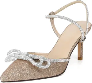 Susanny Women's Closed Toe Rhinstone Wedding Low Heel Slingback Clear Kitten Heels,Adjustable Strap Pointed Toe Bow Pumps High Heeled Prom Dress Shoes