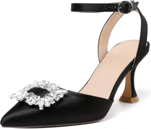 Susanny Women's Closed Toe Rhinstone Wedding Low Heel Slingback Clear Kitten Heels,Adjustable Strap Pointed Toe Bow Pumps High Heeled Prom Dress Shoes