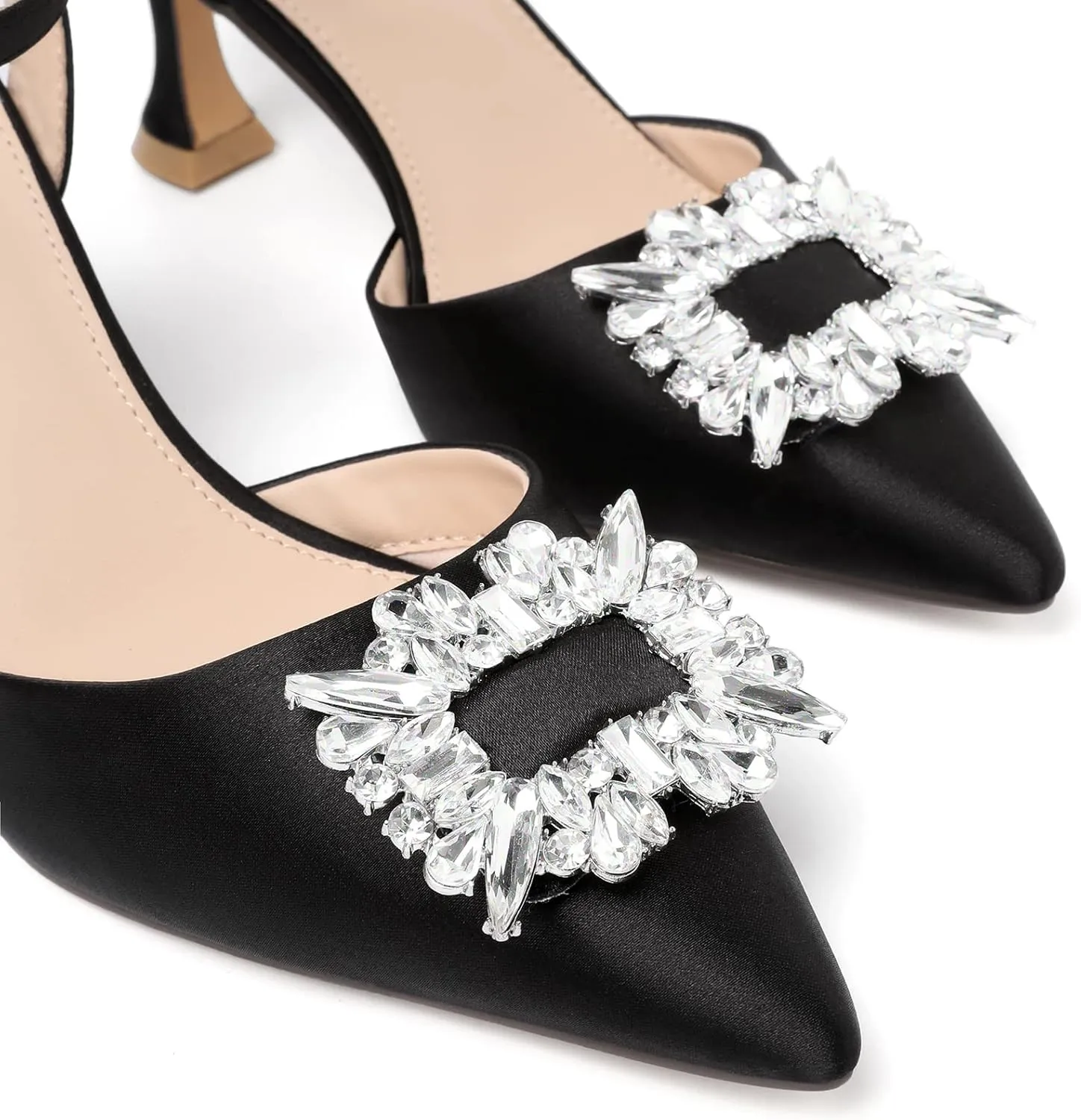 Susanny Women's Closed Toe Rhinstone Wedding Low Heel Slingback Clear Kitten Heels,Adjustable Strap Pointed Toe Bow Pumps High Heeled Prom Dress Shoes