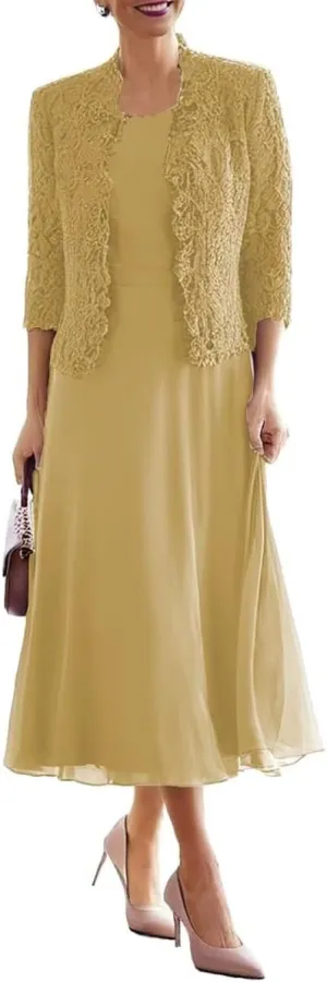 Tea Length Mother of The Bride Dresses for Wedding with 3/4 Sleeves Chiffon Formal Evening Dresses with Jacket
