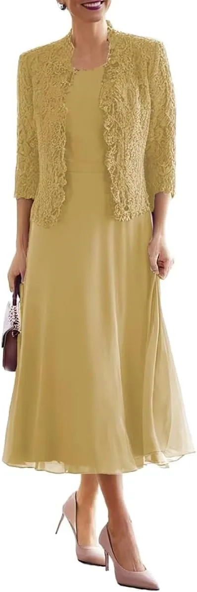 Tea Length Mother of The Bride Dresses for Wedding with 3/4 Sleeves Chiffon Formal Evening Dresses with Jacket