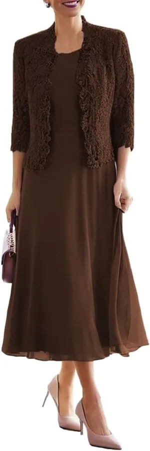 Tea Length Mother of The Bride Dresses for Wedding with 3/4 Sleeves Chiffon Formal Evening Dresses with Jacket