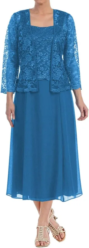 Tea Length Mother of The Bride Dresses Lace Evening Formal Dress Chiffon Wedding Guest Groom Dress Floral Lace Jacket
