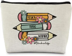 Teach Love Inspire Teacher Life Teacher Zipper Pouch Small Makeup Bag Cosmetic Bag for Purse, Teacher Appreciation Gifts for Women