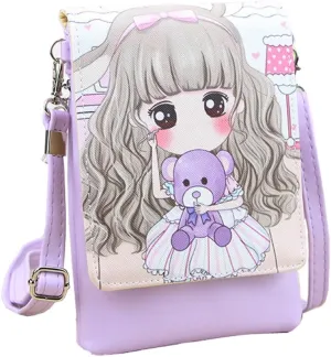 Teen Girls Kids Cartoon PU Leather Mini Shoulder Bags Cell Phone Case Purse Wallet