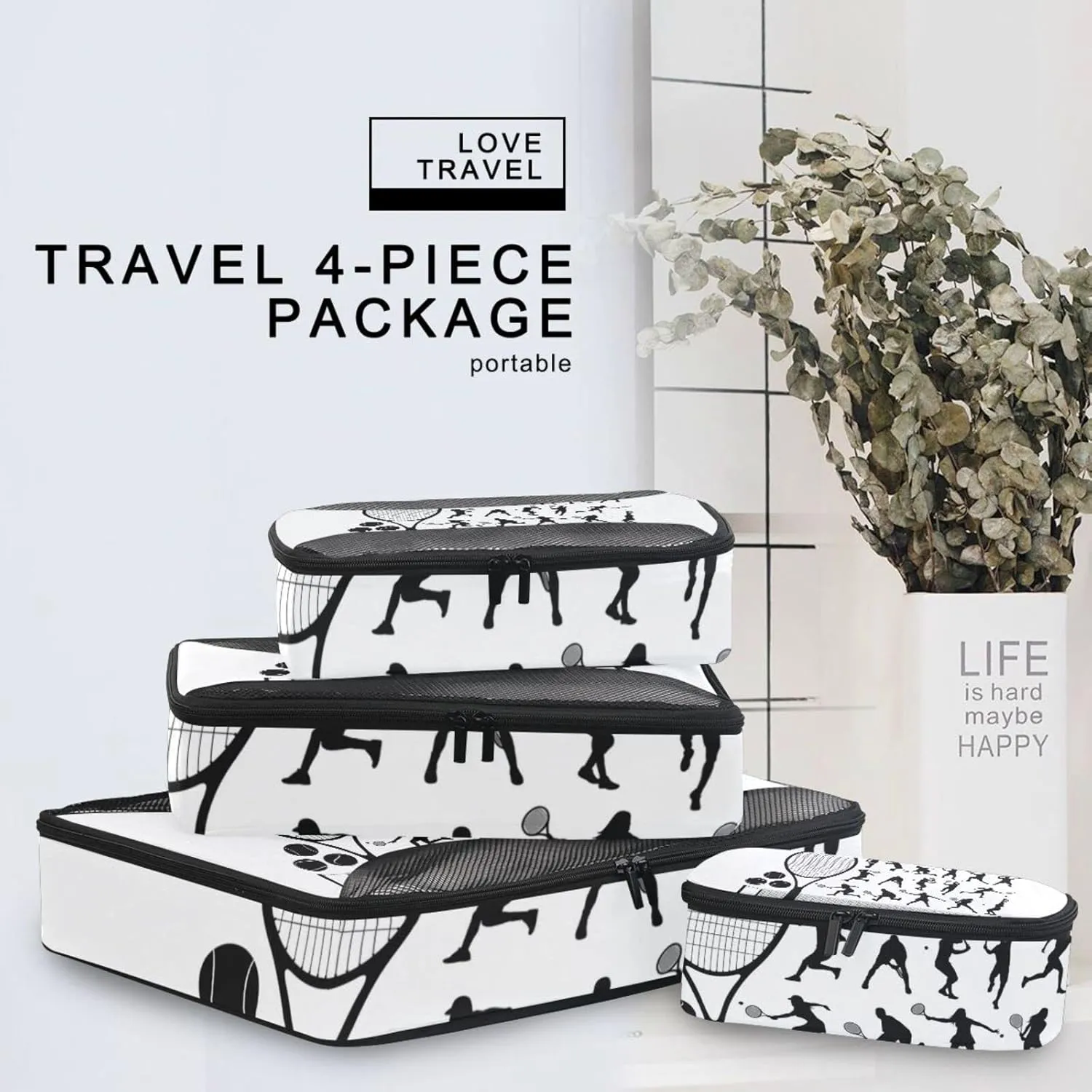 Tennis Player Silhouette Different Actions Tennis Racket Ball Field 4 Set Packing Cubes, Travel Packing Organizers, 600D Oxford Cloth Toiletry Storage Bag, Luggage Mesh Bags for Accessories
