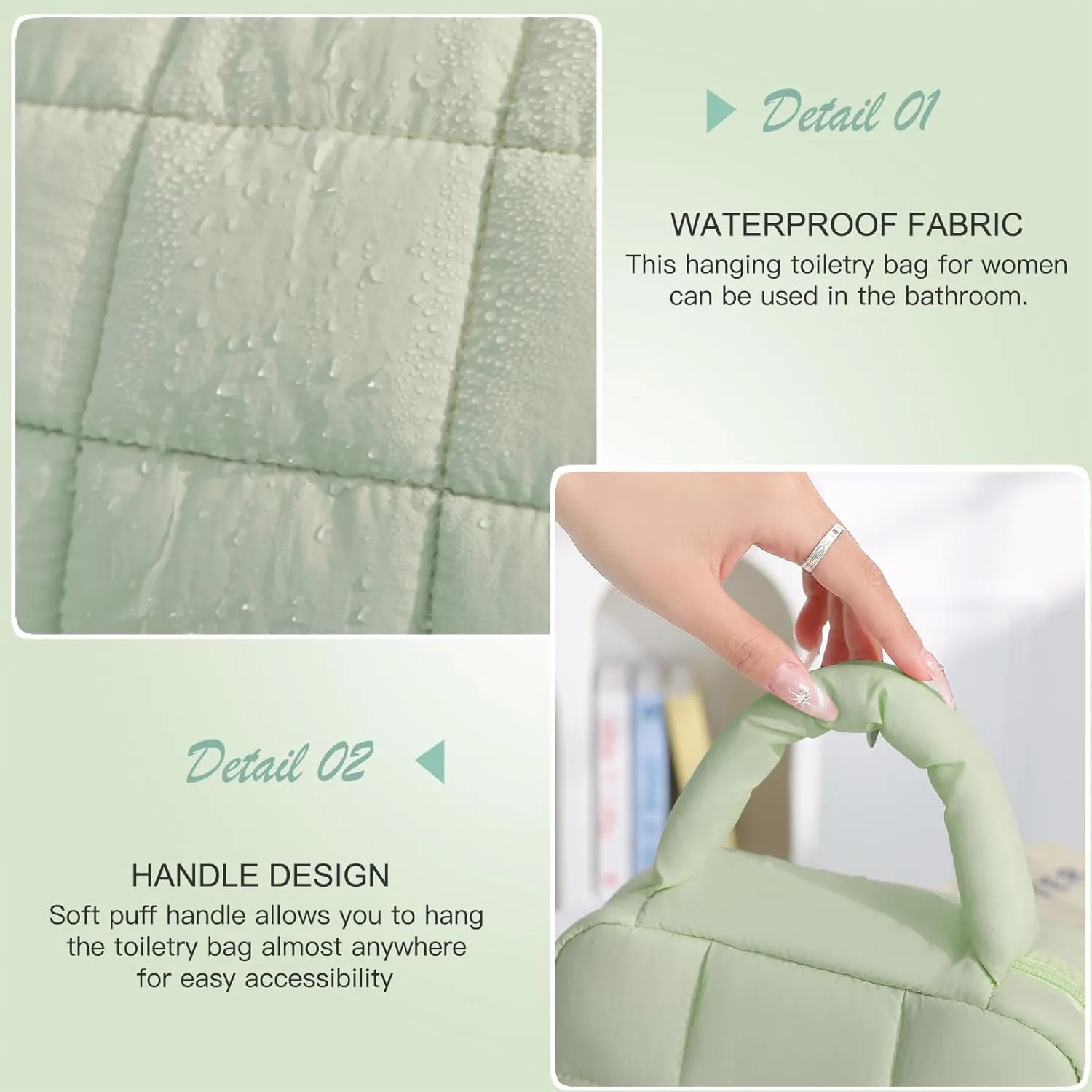 Teryeefi Hanging Travel Toiletry Bag for women, [Cute Candy Color Puffy Design] Travel Makeup Cosmetic Bag with Waterproof function (Green)
