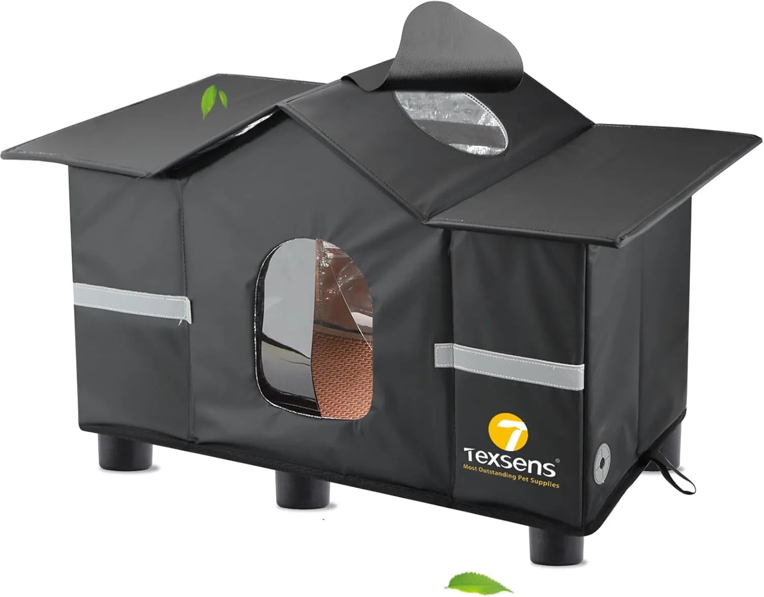 Texsens Outdoor Cat House - Weatherproof Large Cat Shelter for Outside with Roof Window- Insulated Elevated House for Stray/Barn Cats with Cozy Cushion - Ideal Waterproof Feral Cat House