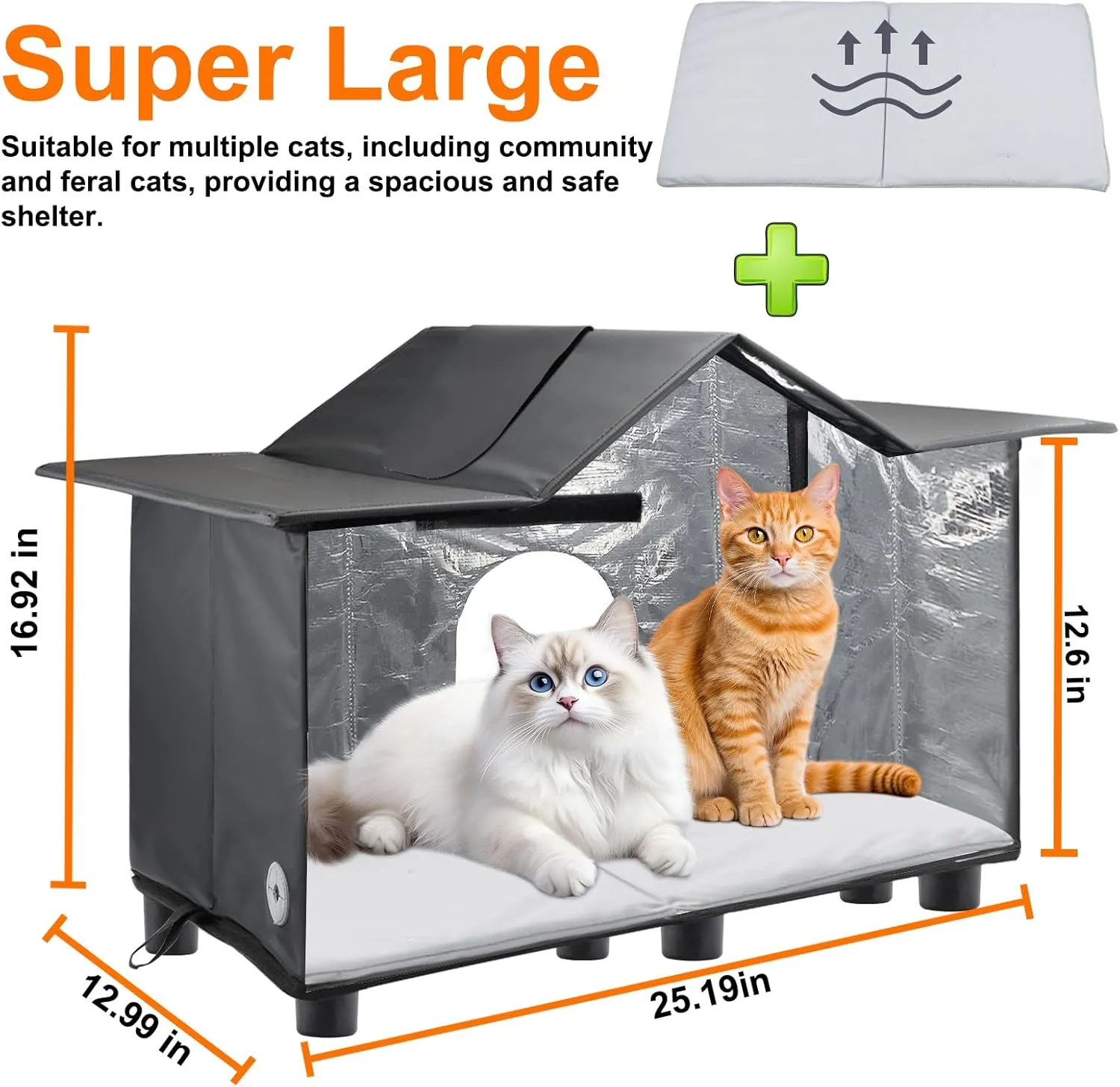 Texsens Outdoor Cat House - Weatherproof Large Cat Shelter for Outside with Roof Window- Insulated Elevated House for Stray/Barn Cats with Cozy Cushion - Ideal Waterproof Feral Cat House