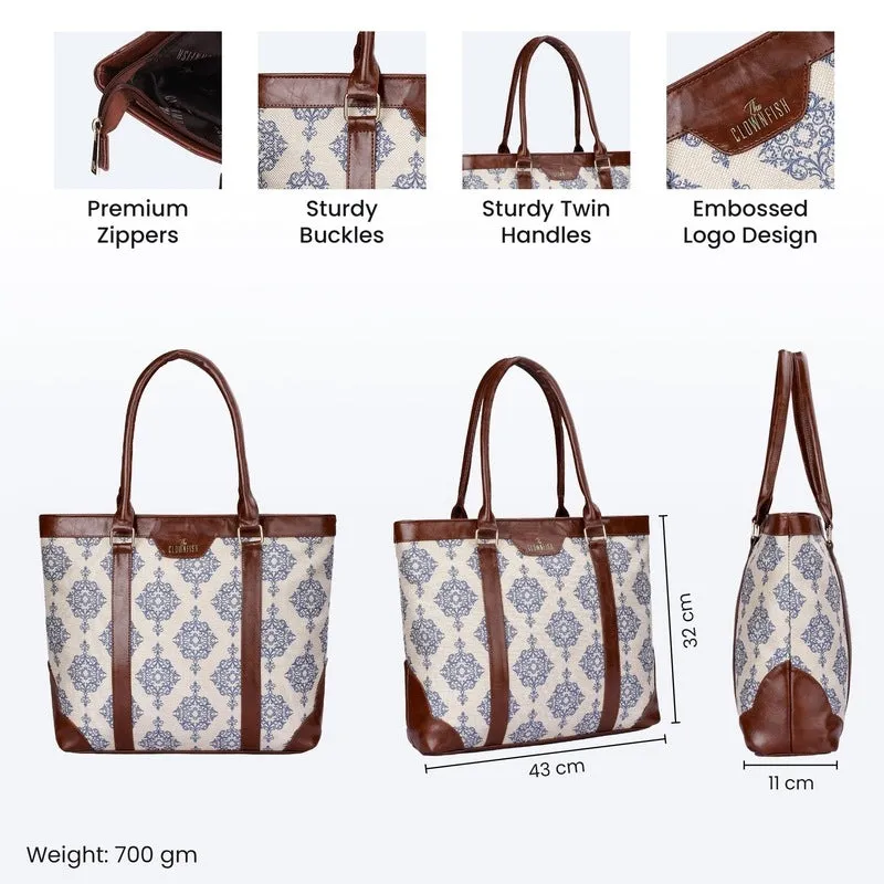 THE CLOWNFISH Miranda Series 15.6 inch Laptop Bag For Women Printed Handicraft Fabric & Faux Leather Office Bag Briefcase Hand Messenger bag Tote Shoulder Bag (Off White)