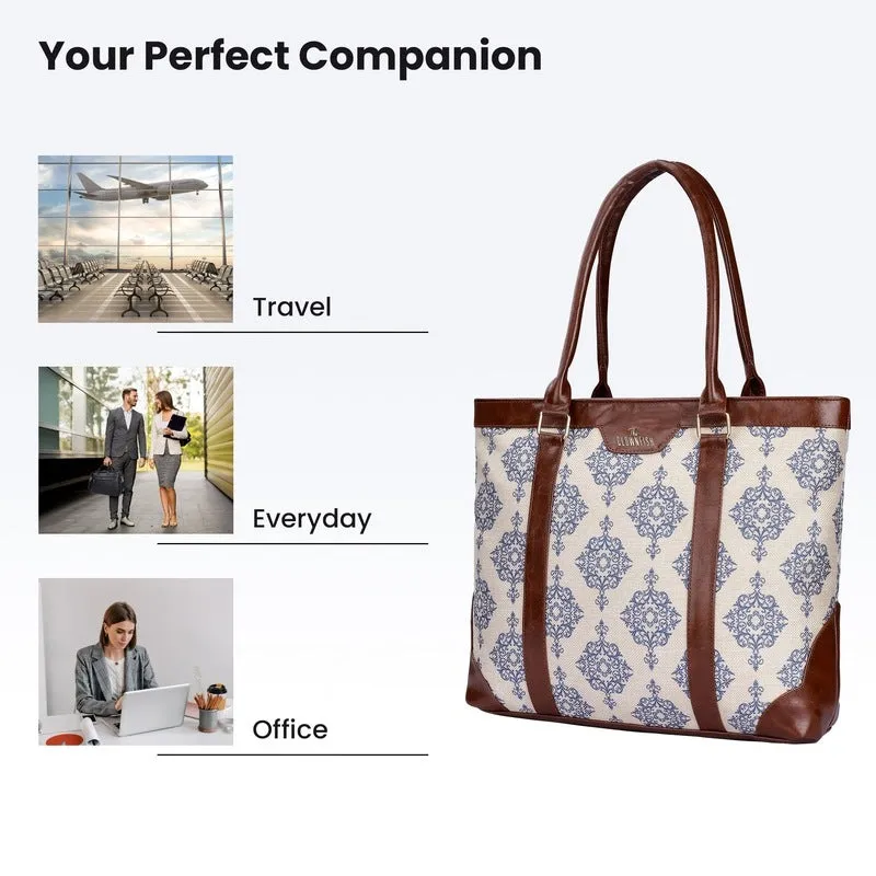 THE CLOWNFISH Miranda Series 15.6 inch Laptop Bag For Women Printed Handicraft Fabric & Faux Leather Office Bag Briefcase Hand Messenger bag Tote Shoulder Bag (Off White)