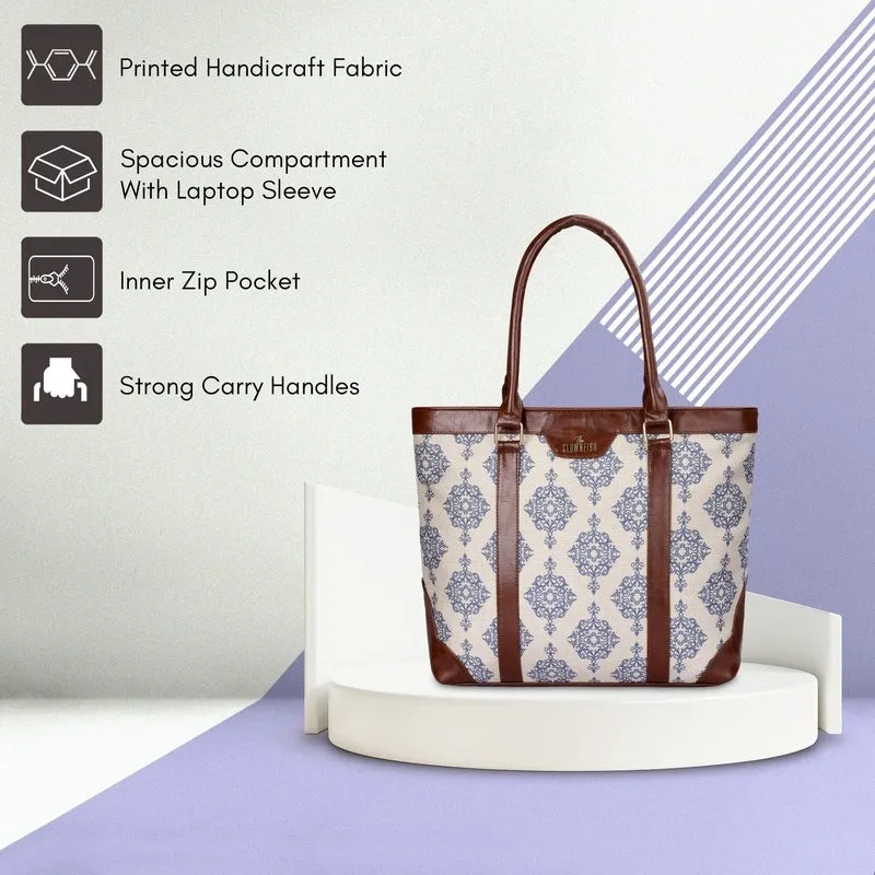 THE CLOWNFISH Miranda Series 15.6 inch Laptop Bag For Women Printed Handicraft Fabric & Faux Leather Office Bag Briefcase Hand Messenger bag Tote Shoulder Bag (Off White)