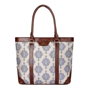 THE CLOWNFISH Miranda Series 15.6 inch Laptop Bag For Women Printed Handicraft Fabric & Faux Leather Office Bag Briefcase Hand Messenger bag Tote Shoulder Bag (Off White)