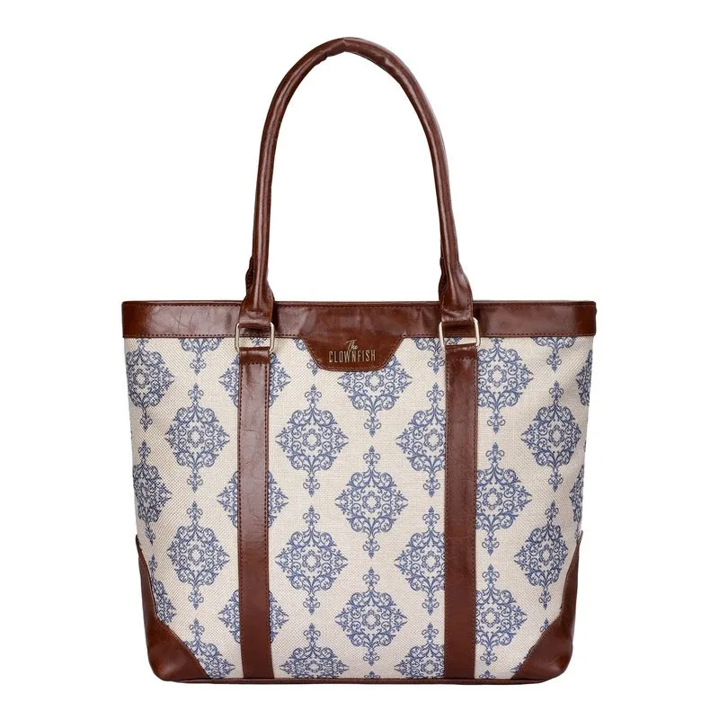 THE CLOWNFISH Miranda Series 15.6 inch Laptop Bag For Women Printed Handicraft Fabric & Faux Leather Office Bag Briefcase Hand Messenger bag Tote Shoulder Bag (Off White)