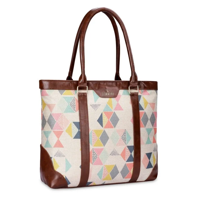 THE CLOWNFISH Miranda Series 15.6 inch Laptop Bag For Women Printed Handicraft Fabric & Faux Leather Office Bag Tote Shoulder Bag (Black-Wave Design)