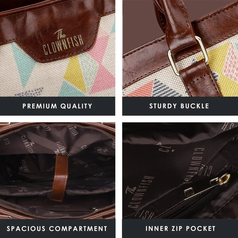 THE CLOWNFISH Miranda Series 15.6 inch Laptop Bag For Women Printed Handicraft Fabric & Faux Leather Office Bag Tote Shoulder Bag (Black-Wave Design)