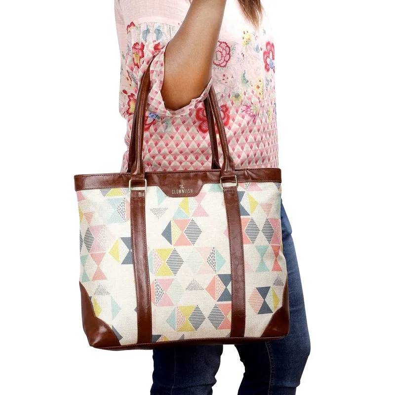THE CLOWNFISH Miranda Series 15.6 inch Laptop Bag For Women Printed Handicraft Fabric & Faux Leather Office Bag Tote Shoulder Bag (Black-Wave Design)