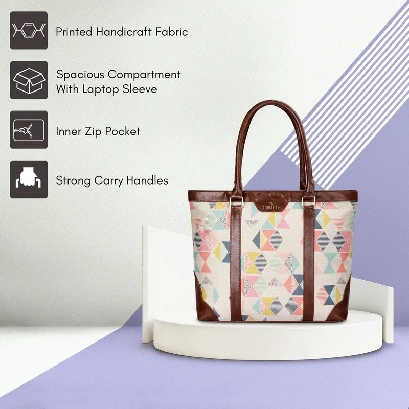 THE CLOWNFISH Miranda Series 15.6 inch Laptop Bag For Women Printed Handicraft Fabric & Faux Leather Office Bag Tote Shoulder Bag (Black-Wave Design)