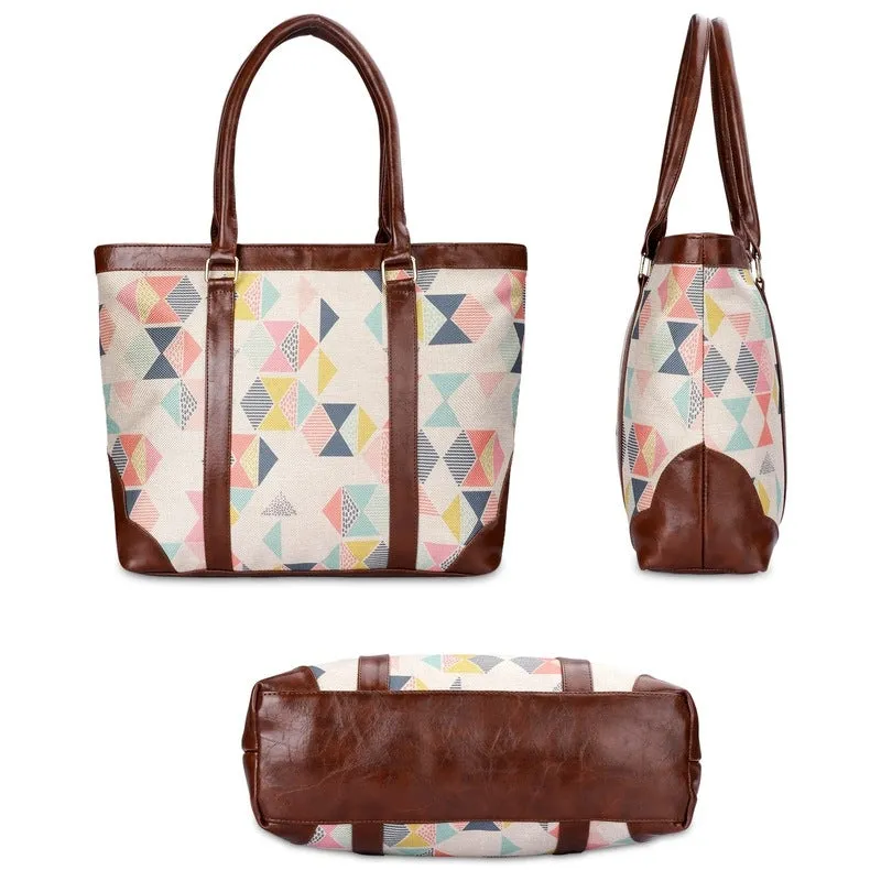 THE CLOWNFISH Miranda Series 15.6 inch Laptop Bag For Women Printed Handicraft Fabric & Faux Leather Office Bag Tote Shoulder Bag (Black-Wave Design)
