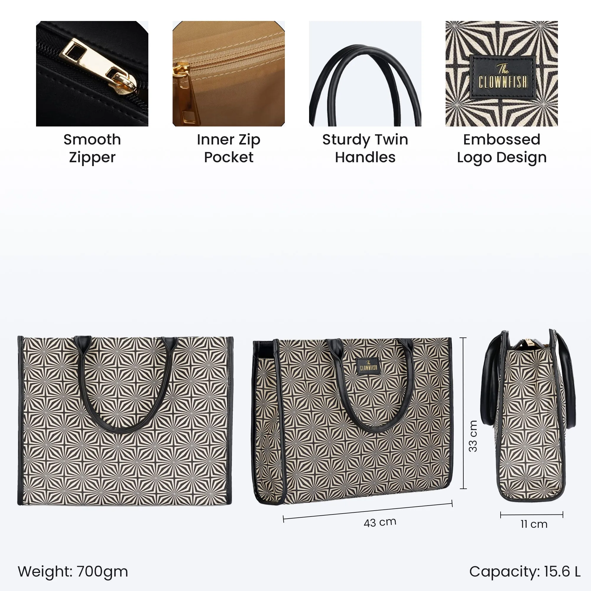 THE CLOWNFISH Opulence Series Multipurpose Handbag For Women Box Bag 14 inch Laptop Bag Tote Printed Handicraft Fabric & Faux Leather Bag (Black-Geometric Design)