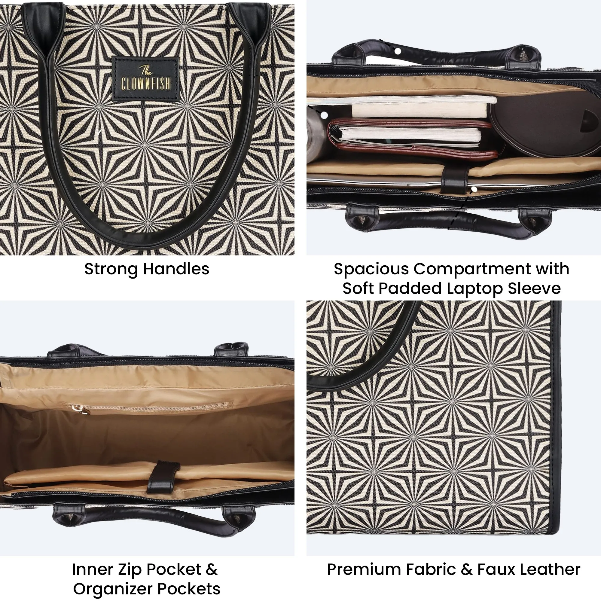 THE CLOWNFISH Opulence Series Multipurpose Handbag For Women Box Bag 14 inch Laptop Bag Tote Printed Handicraft Fabric & Faux Leather Bag (Black-Geometric Design)